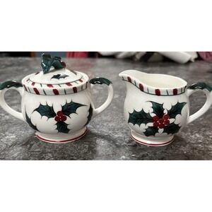 Vintage Lefton Holly Berry Creamer Sugar Bowl Hand Decorated #029 Japan